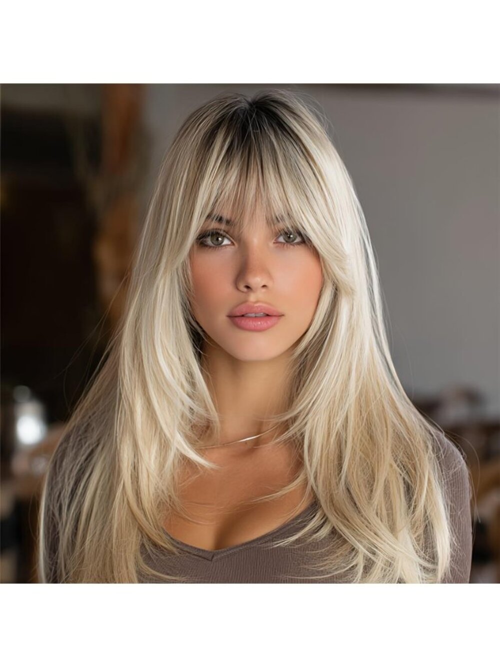 20-inch Gradient Golden Shoulder-length Bob Wig With Bangs, Layered Style, Rose